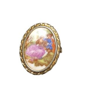 RARE LIMOGES CAMEO BROOCH HAND PAINTED FRENCH PORCELAIN GOLD TONE FRAME